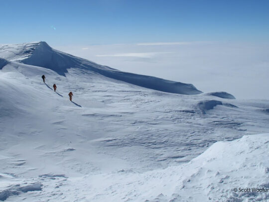 Climbers walking along the snow ridge to the summit of Mount Sidley